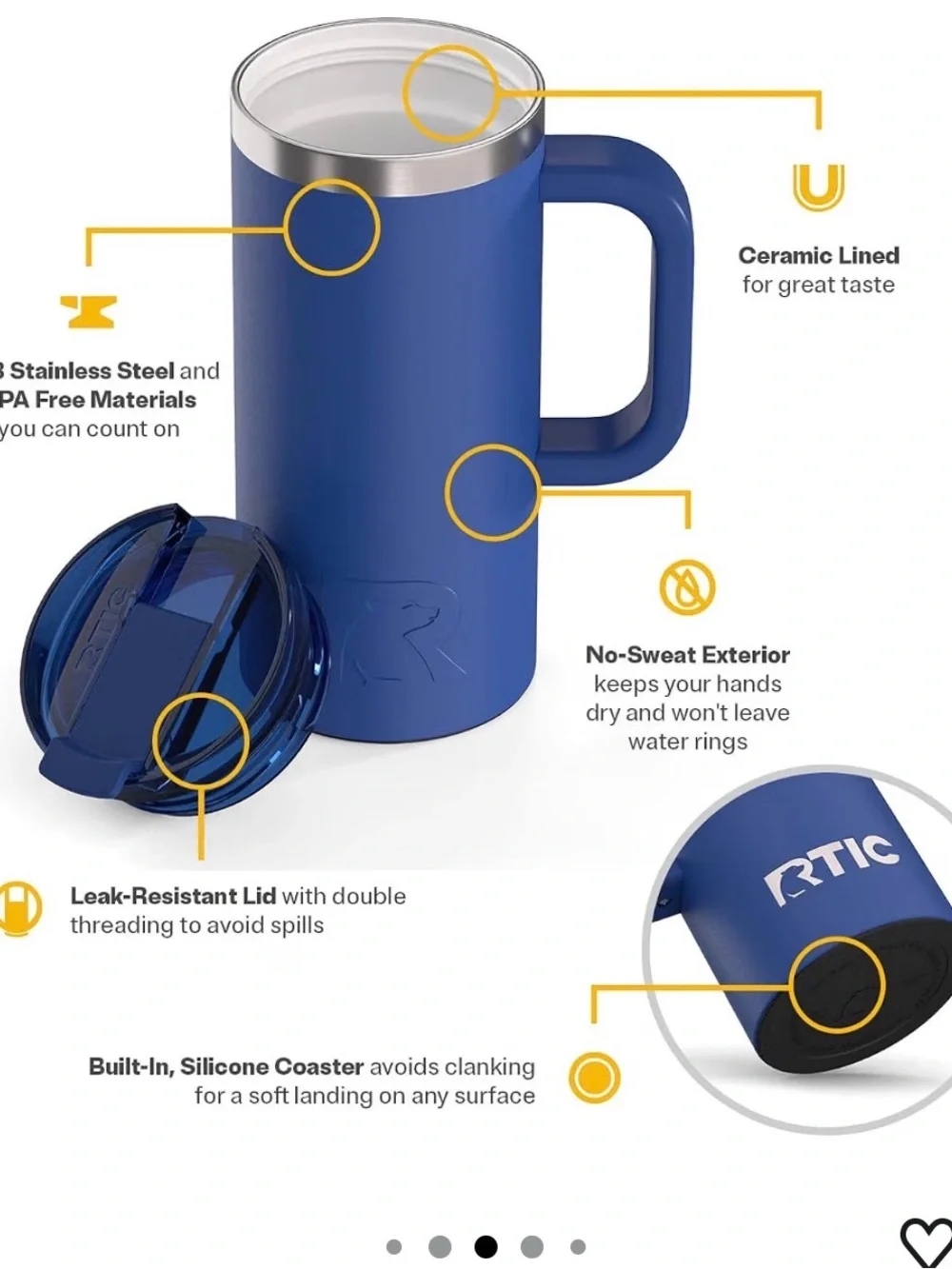 2 for $30 sale: NIB blue RTIC 16 oz Travel Coffee Cup, a double-wall vacuum-insu